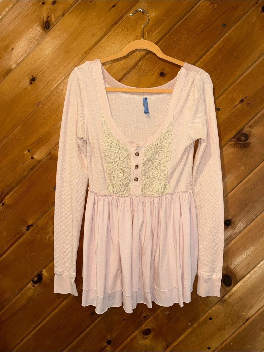 Vintage Free People long-sleeve waffle-knit babydoll lace accent top